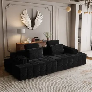 【2 Packages Shipping】113" Modular Boneless Couch with 2 Movable Armrests, Plush Corduroy Sectional Sofa, Loveseat Ergonomic Memory Foam Straight-Row Cloud Couch for Living Room, Bedroom, Lounge, Free Combination, Grey, Black, Beige