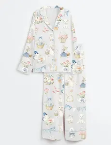 Women's Easter Spring Bunnies Cottagecore Rabbits Short Sleeve Satin Pajama Set Soft Breathable Fabric Relaxed Fit Loungewear Nightwear