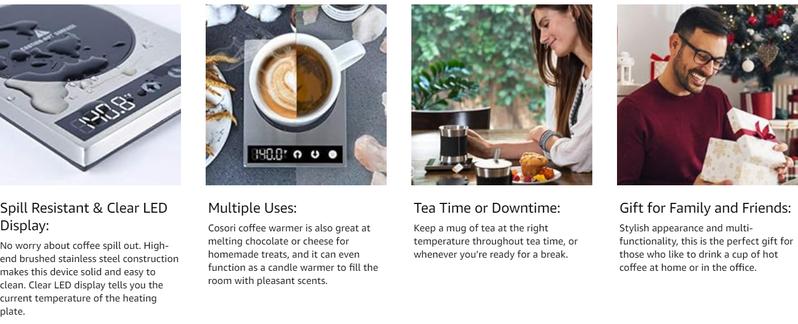 COSORI Mug & Coffee Warmer, Beverage Heater with Pressure Sensor, Auto Shut-Off, Digital Temp Control (77-194℉), Home/Office, Silver