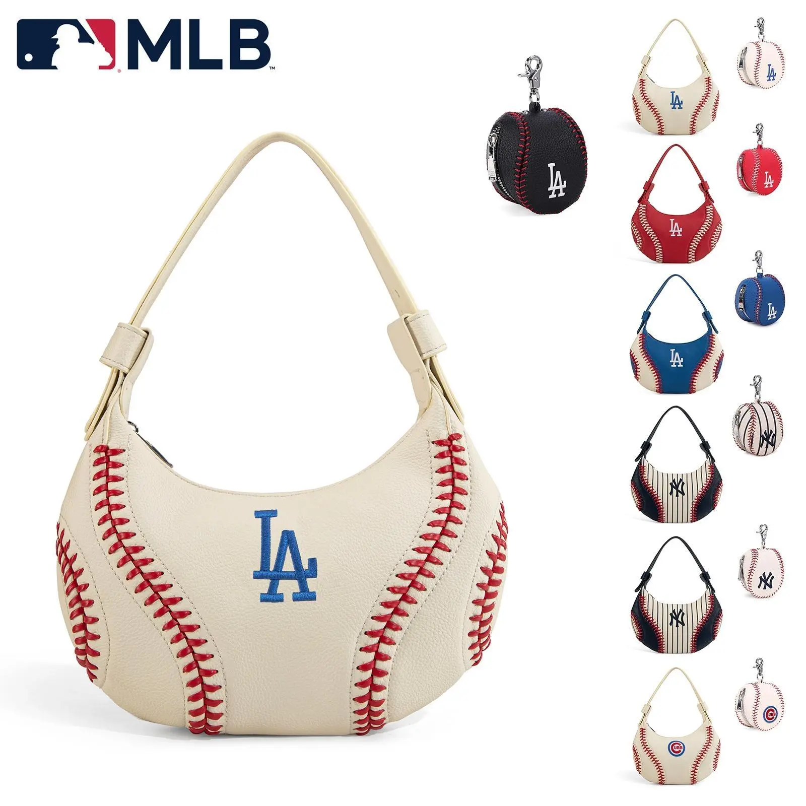 MLB Hobo Bag for Women, 2-Piece Purse Set with Classic Baseball Stitch Pattern, Adjustable Strap & Keychain Attachment, Purses For Women 101+108, Team Color Match, Bags For Women