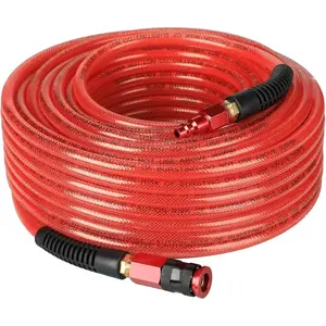 Swiilpo Heavy Duty Reinforced Polyurethane Air Hose 1/4 in x 100 ft, Lightweight, Flexible Compressor Hose with Universal Quick Coupler, Plug and Bend Restrictors, Red,By Traiisutor