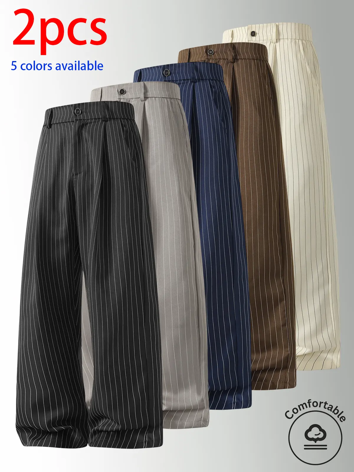 Two-pack men’s long pants—men’s suit trousers and casual dress pants featuring a button front and vertical stripes that evoke a retro vibe. These straight-leg pants have a smooth drape and wrinkle-resistant fabric, are versatile, and offer a relaxed fit t