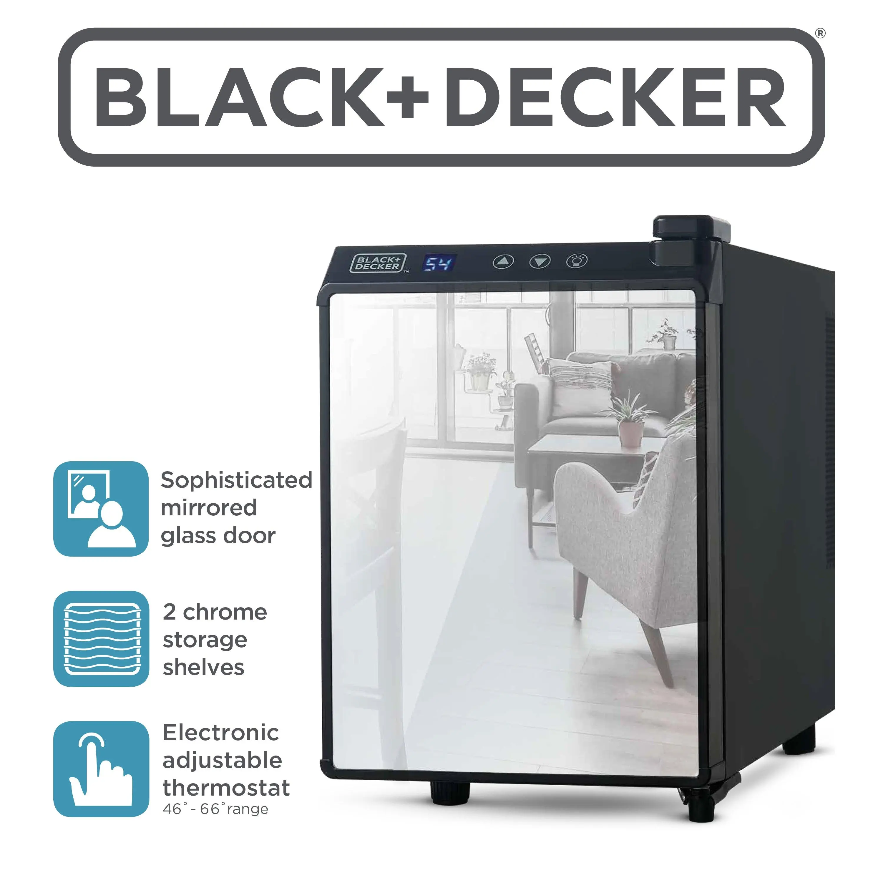 BLACK+DECKER New Compact 6-Bottle Thermoelectric Wine Chiller - 0.57L Temp Control Wine Cooler with Mirrored Front, LED Display, Chrome Racks, Auto Defrost for Reds, Whites, BD60316