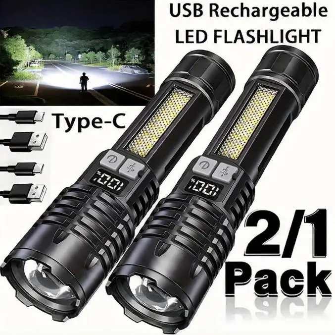 Rechargeable Super Bright LED Flashlight with Type-C Port, Waterproof Tactical Car Repair Diagnostic Tool, Compact for Garage and Hiking Use, 1-Pack or 2-Pack Options