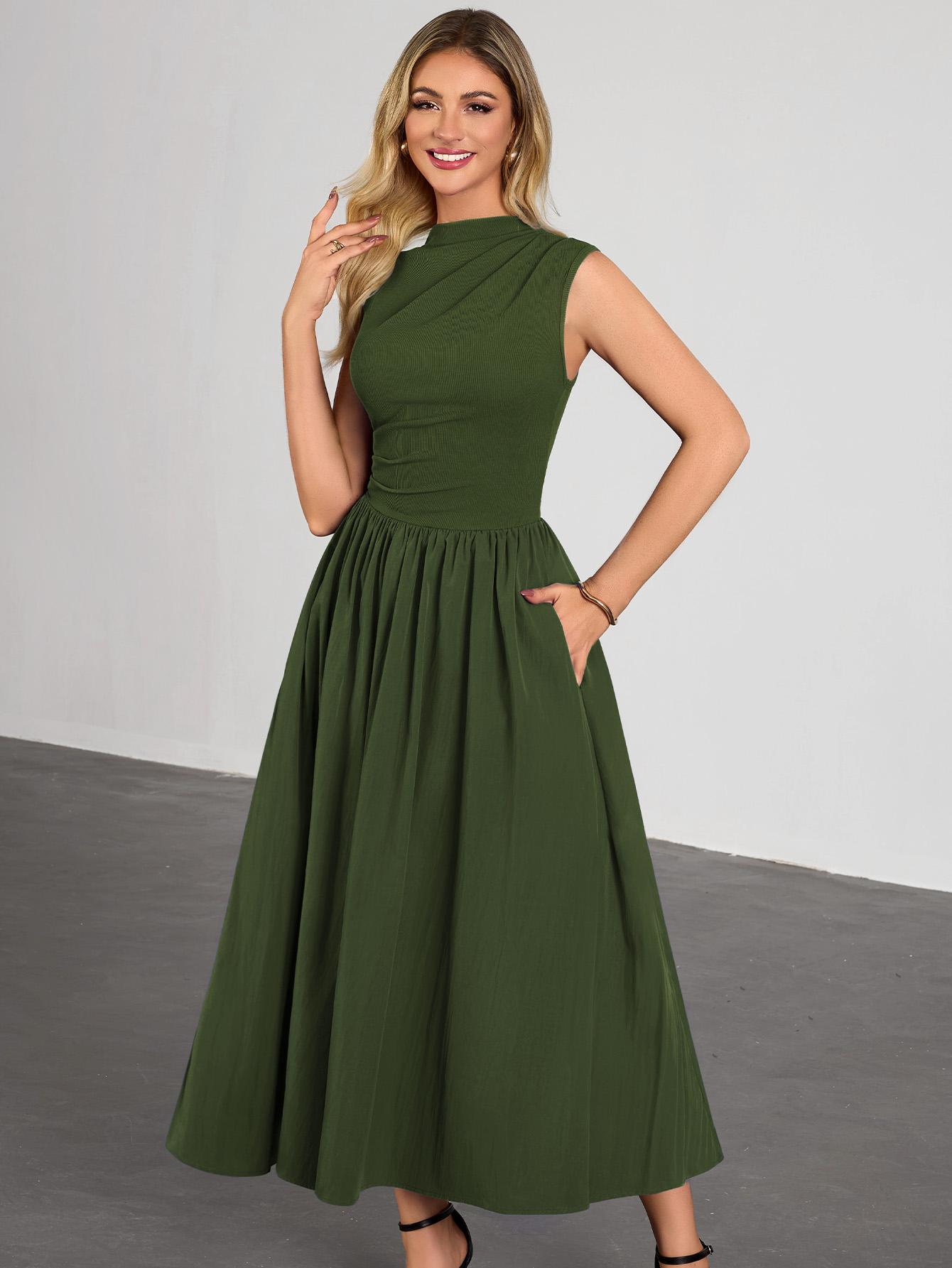 Miusol 85234B Women's Summer Maxi Dresses for Women 2026 Spring Sleeveless Half Collar Casual Ruched Swing A-Line Dress with Pocket Sundress Flowy Beach Dress