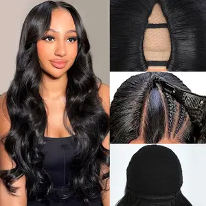 Auvzy Black V Part Wig Body Wavy Wig Upgrade U Part Synthetic Wigs for Black Women Full Head Clip In Hair Glueless 24Inch Hair Replacement Synthetic Wigs