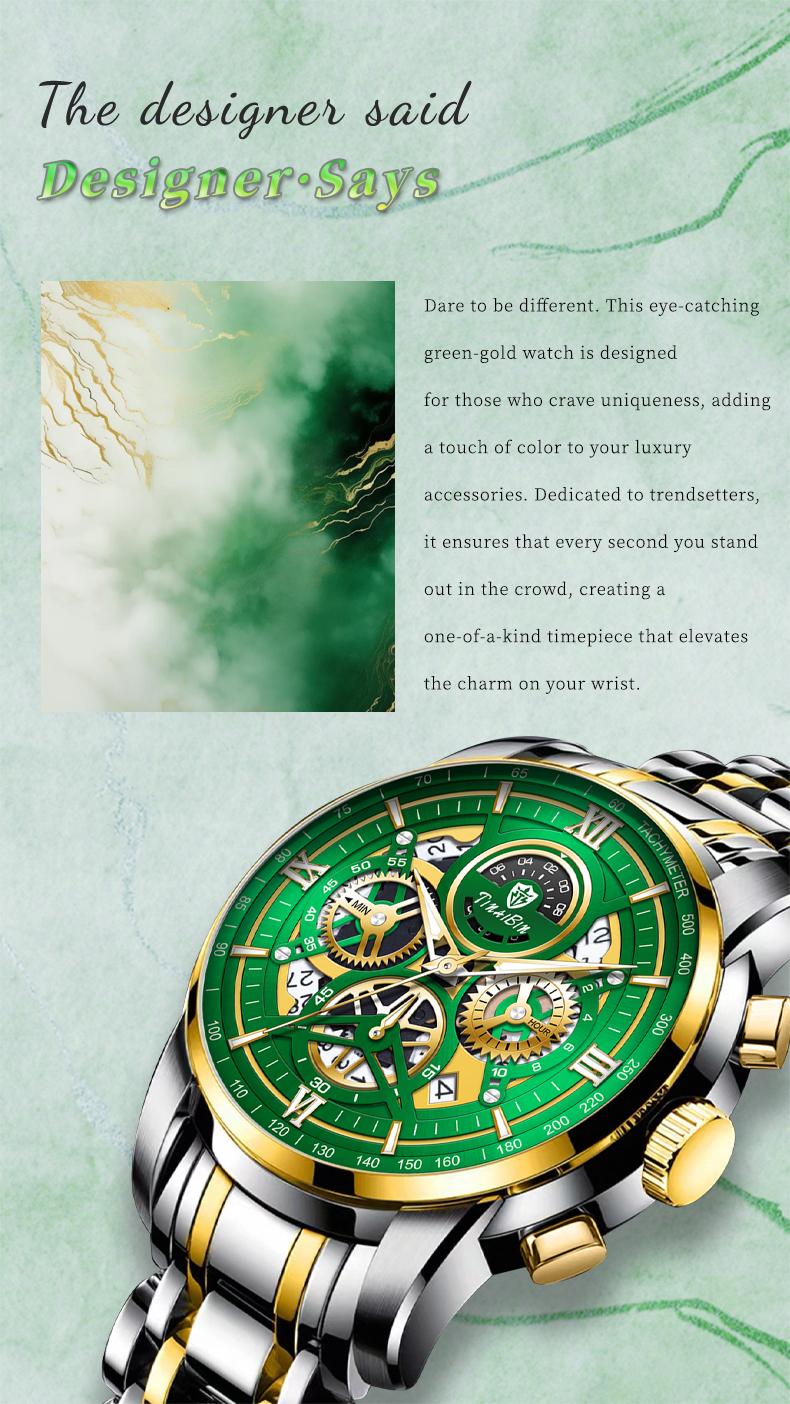 The  men's business fashion watch features an analog quartz movement with a Swiss original core, offering chronograph functionality, luminous display capabilities, and water resistance. Suitable for parties and everyday wear, it also makes an idea