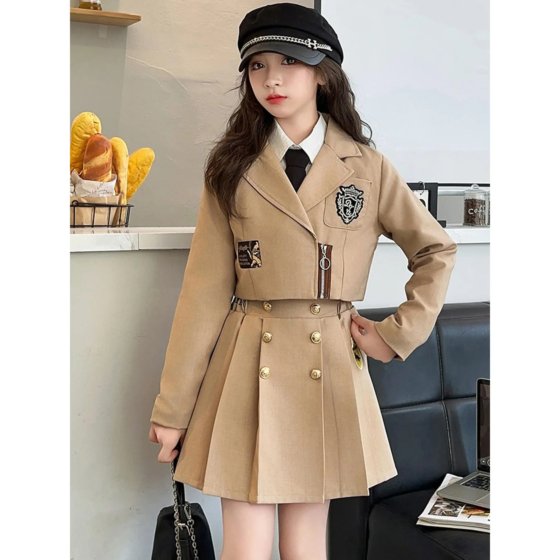 Tween Girls' New Autumn British Academic Look 2-Piece School Uniform Blazer Set - Pleated Skirt, Machine Washable, Safe Material, Ideal for School, Parties