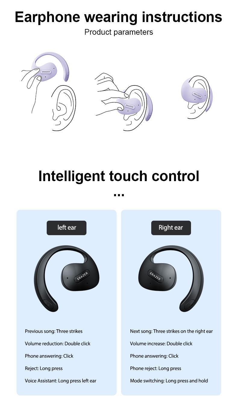 Erazer X15 Pro Open Ear Ergonomic Ear-Hook Earbuds, Immersive True Wireless Bluetooth Stereo Headphones with Mic, Rechargeable Touch Control Waterproof Earphones for Sport, Gym, Music, Gaming