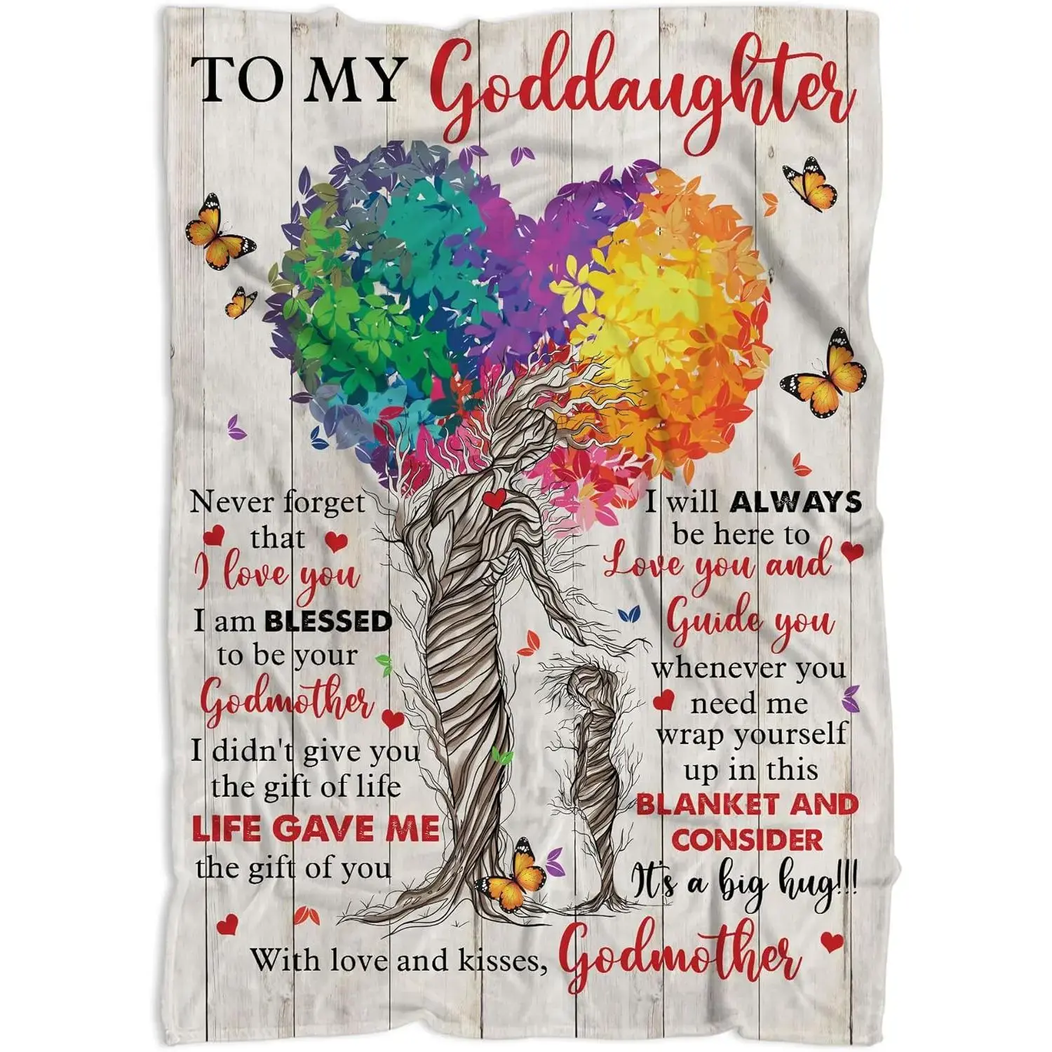 Personalized Cotton Flannel Throw Blanket - Goddaughter Customized Gift, Godmother Love Letter, Rainbow Heart, Tree of Life Prints, Ultra Soft Cozy Warm, Alphabet Letters, Decorative Text, for Sofa/Bed, Birthday Gift, Customized Gifts, Cotton Flannel Blan