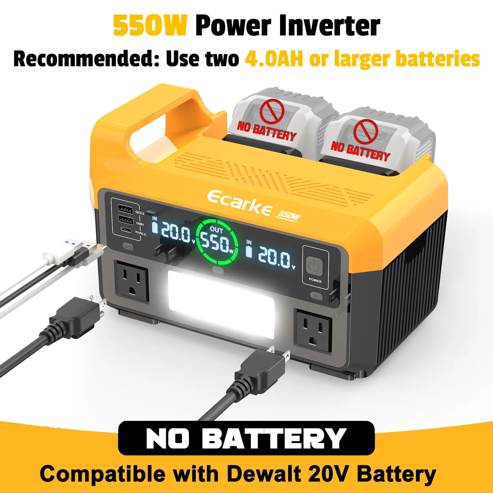 550W Portable Power Inverter Compatible with Dewalt 20V Battery, Battery NOT Included, Power Station DC 18V to AC 110V Pure Sine Wave, Battery Power Adapter 2 USB-A & 1 Type-C & 2 AC Outlet, Generator Phone Charger LED Light Camping Emergency fathersdaygi