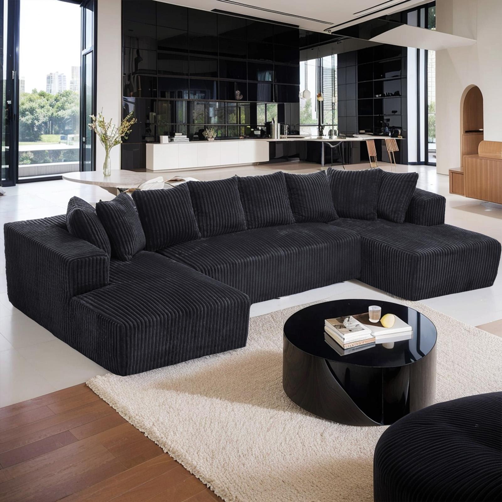 Big Boneless Couch, 131'' Large Sectional U-Shape Couches with Chaise Lounge, Deep Seats, No Assembly, Modern Modular Design for Living Room, Versatile Configuration Modular Couch, Elegant Corduroy Sofa, Free Combination, Comfy & Versatile, Black