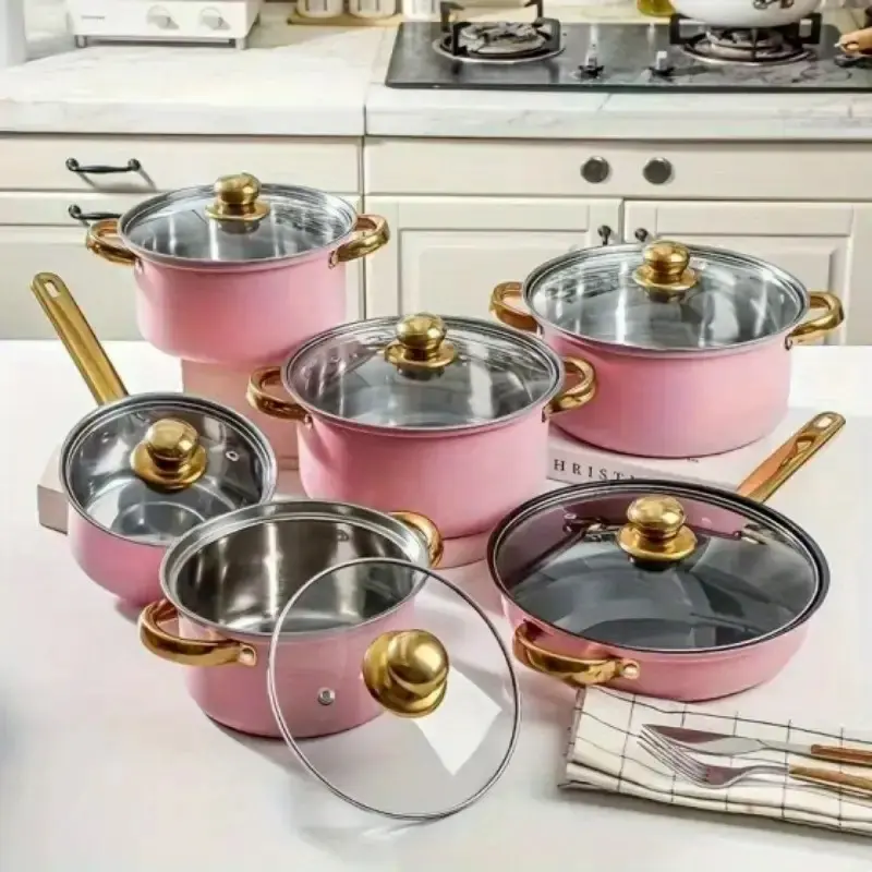 (6 pots + 6 lids) Non-stick stainless steel cookware set with lid and handle - perfect for home use and camping, kitchen essentials, Cooking pots set, Pot Sets