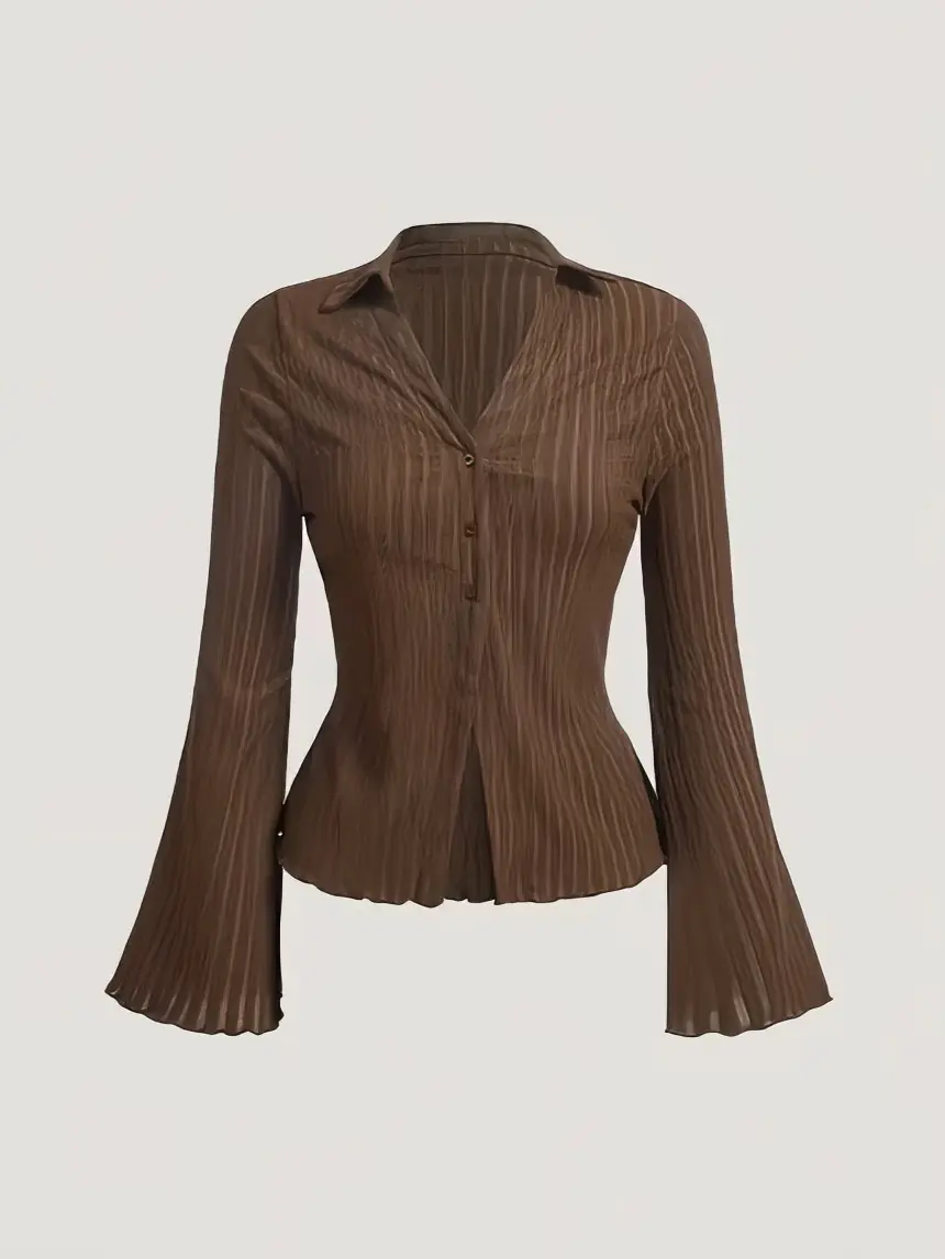 Brown Striped Peplum Blouse with Flared Sleeves and Button Front Design