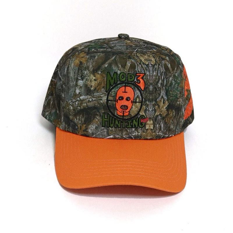 MOD3 Hunting 5 Panel "Vintage Snap" Camo Hat with Orange Brim and Logo