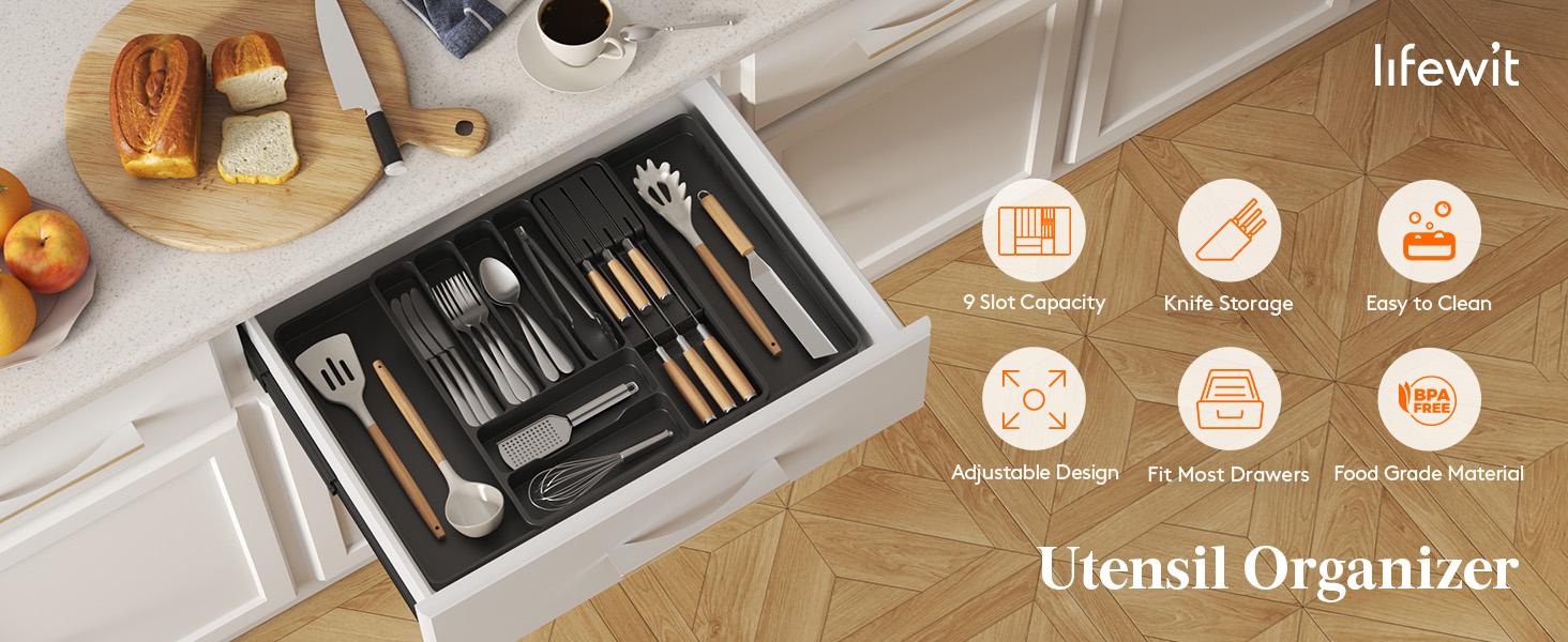 Lifewit Silverware Organizer for Kitchen Drawers, Expandable Utensil Tray with Removable Knife Block, Adjustable Cutlery & Flatware Holder, Large Lifewit Silverware Organizer for Kitchen Drawers, Expandable Utensil Tray with Removable Knife Block, Adjustable Cutlery & Flatware Holder, Large