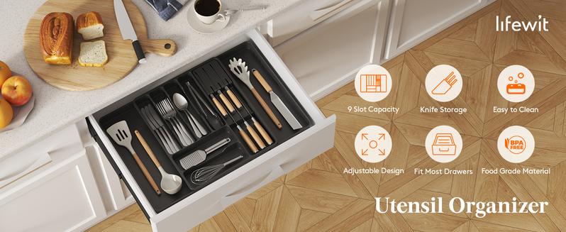 Lifewit Silverware Organizer for Kitchen Drawers, Expandable Utensil Tray with Removable Knife Block, Adjustable Cutlery & Flatware Holder, Large Lifewit Silverware Organizer for Kitchen Drawers, Expandable Utensil Tray with Removable Knife Block, Adjustable Cutlery & Flatware Holder, Large