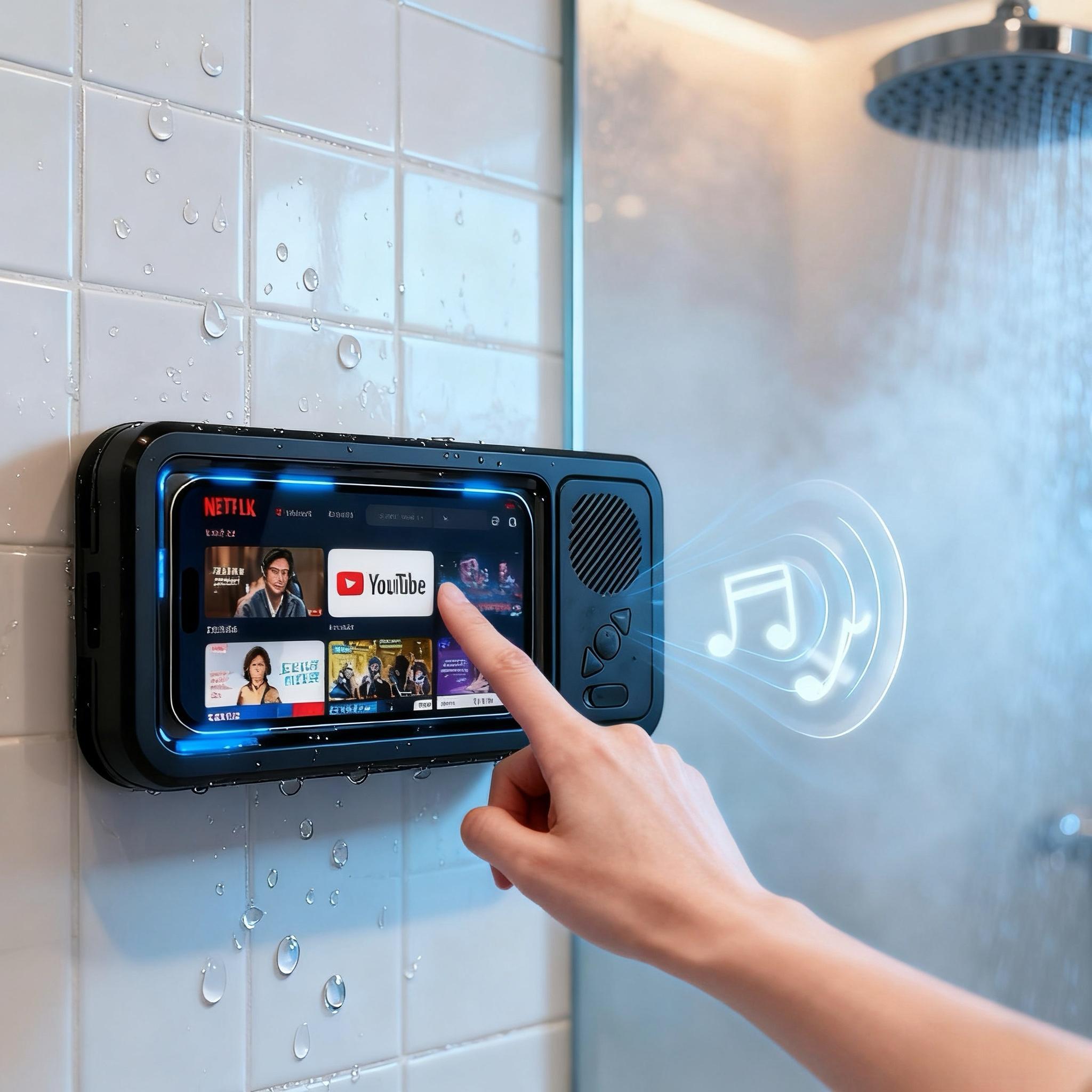 Waterproof box speaker, shower waterproof 360 ° rotating touch screen,IPX5 Waterproof Degree,watch movies, listen to music, Hands-free call，phone holder Bluetooth speaker, Compact Smartphone, phone cases, subwoofers,kitchen, bathroom, sink, SummerVibes