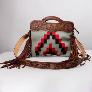 American Darling Clutch Bag Hand Tooled Floral Carved Genuine Leather Western Purse with Hand Woven Saddle Blanket & Fringes