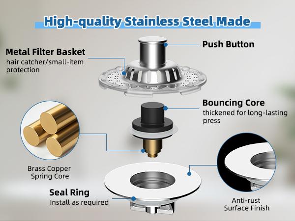 Hibbent Universal Bathroom Sink Drain Strainer Hair Catcher, 3 in 1 Pop-up Brass Metal Bathroom Sink Stopper Fit for Standard 1.1''~2.36'' Basin Hole, Transparent Edge