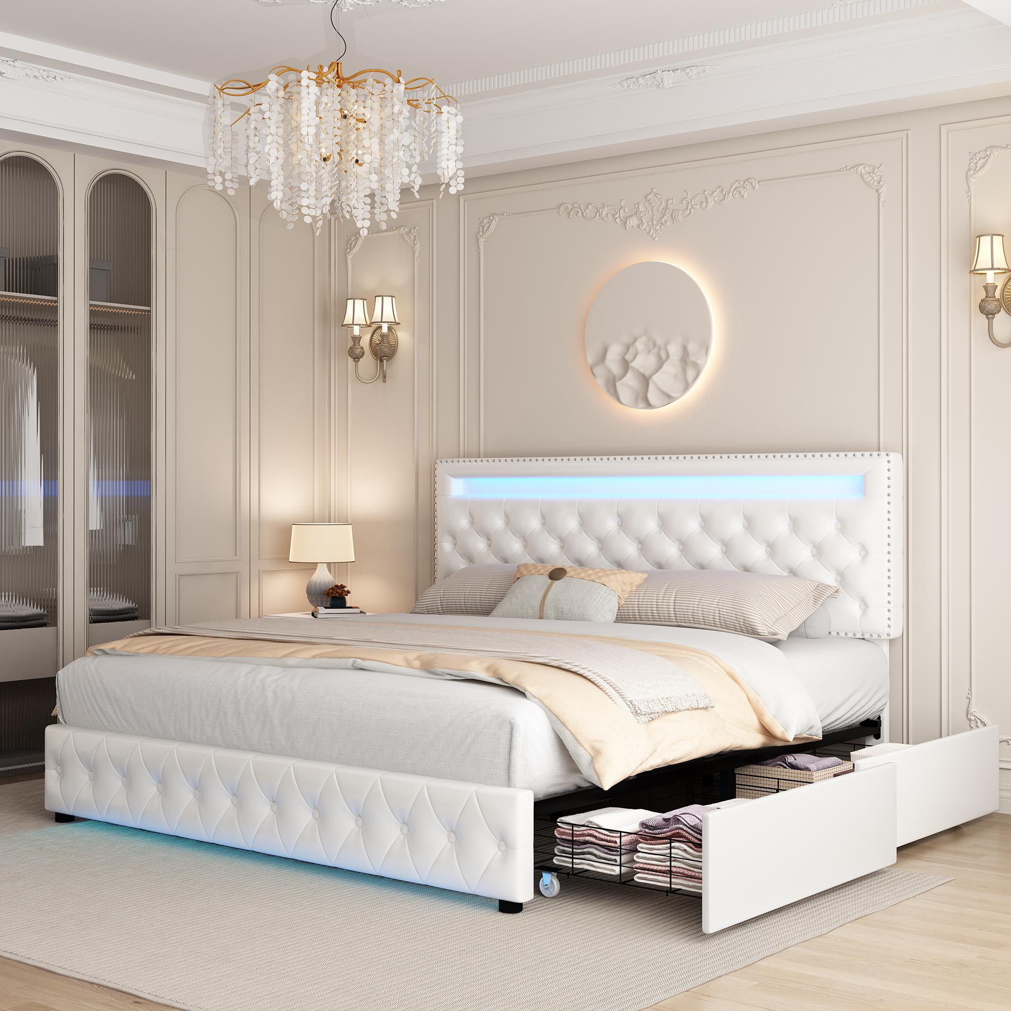 GEGOFORU Queen LED Storage Bed Frame with 4 Drawers, Smart RGBW LED Headboard & Footboard Lights, Noise-Free Platform Bed, No Box Spring Needed, White