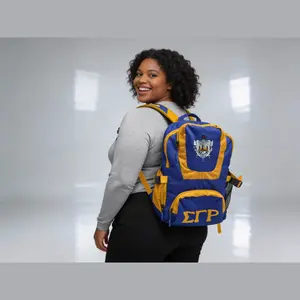 Sigma Gamma Rho Sublimated Backpack for Women SGRho Crest and Letters Royal Blue and Gold Cordura Bookbag with Durable Fabric and Sporty Design