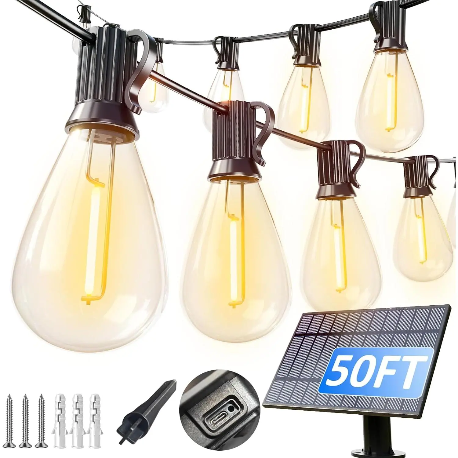 50FT Solar String Lights Outdoor Waterproof with 18+1 LED Bulbs Long Last for 20+Hrs, Commercial Grade Shatterproof USB Patio Solar Powered Lights for Camping,Backyard, Garden, Porch Decor