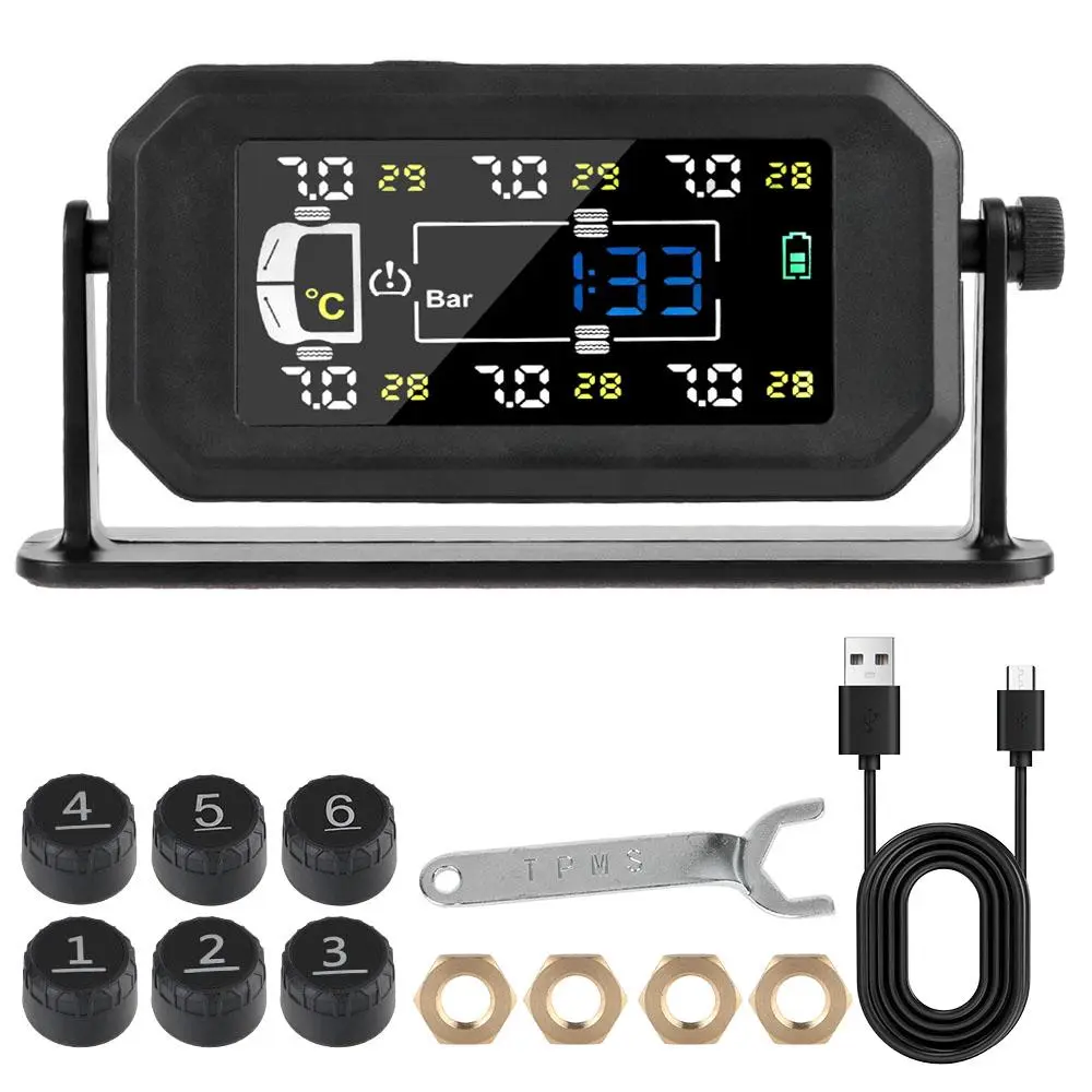 Car Tire Pressure Monitoring System, Solar Powered Car Tire Pressure Monitor with 6 External Sensors, Intelligent Truck Car Tyre Pressure Monitor, TPMS Sensor Replacement