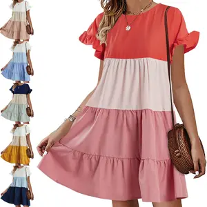 LAICIGO Womens Ruffles Boho Babydoll Loose Swing Dresses Casual Short Sleeve Mini Color Block T-Shirt Dress