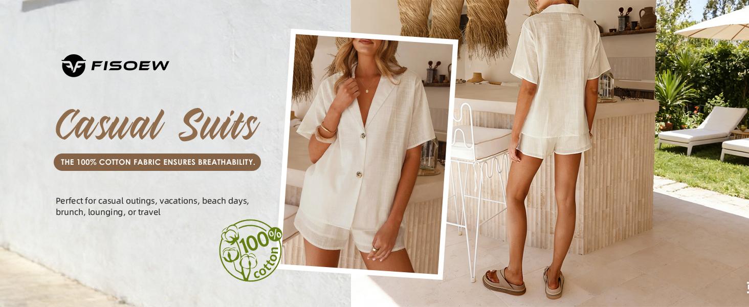 Fisoew Women's Casual Two Piece Outfit Short Sleeve Button Down Top & Shorts Set Deep V Notched Lapel Lightweight Breathable Fabric Side Pocket Design S-2XL 100% cotton #Springtok #TikTokShopJumpstartSale Fisoew Women's Casual Two Piece Outfit Short Sleeve Button Down Top & Shorts Set Deep V Notched Lapel Lightweight Breathable Fabric Side Pocket Design S-2XL 100% cotton #Springtok #TikTokShopJumpstartSale