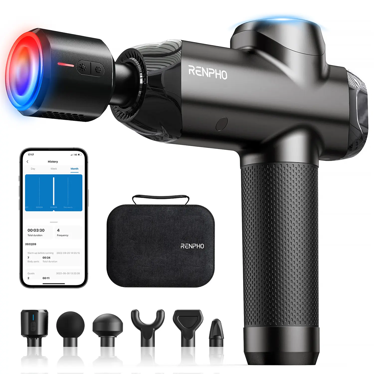 RENPHO Power+ Thermacool Massage Gun - Heat & Cold Function, 12mm Amplitude Deep Tissue Percussion Massager with Attachment, Adjustable, LED Display, High Torque, 6 Speeds, App-Controlled Guided Courses, Low Back Pain Relief, Beauty Tool Upgrade, Black, S