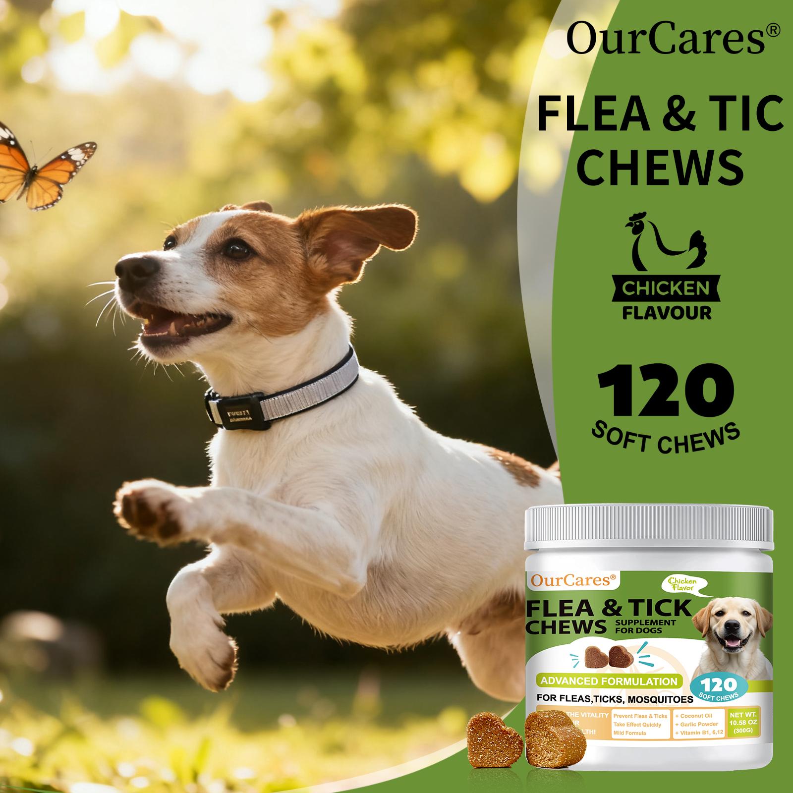 OurCares Flea & Tick Chews for Dogs - Advanced Formula Chewable Tablets with Chicken Flavor - 120 Soft Chews for Flea Prevention & Tick Protection