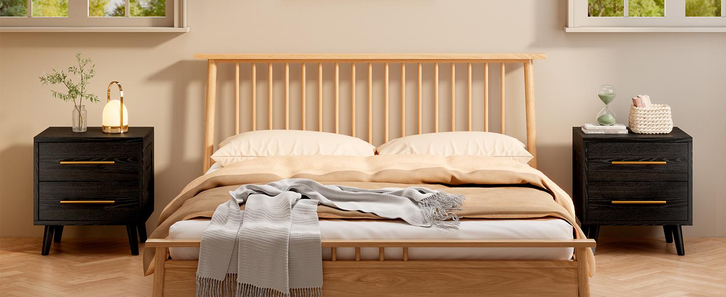 Gizoon Nightstand, Bedside Table with Metal Handles, Modern Wood Night Stand 2 Drawer Dresser for Bedroom, Black Furniture