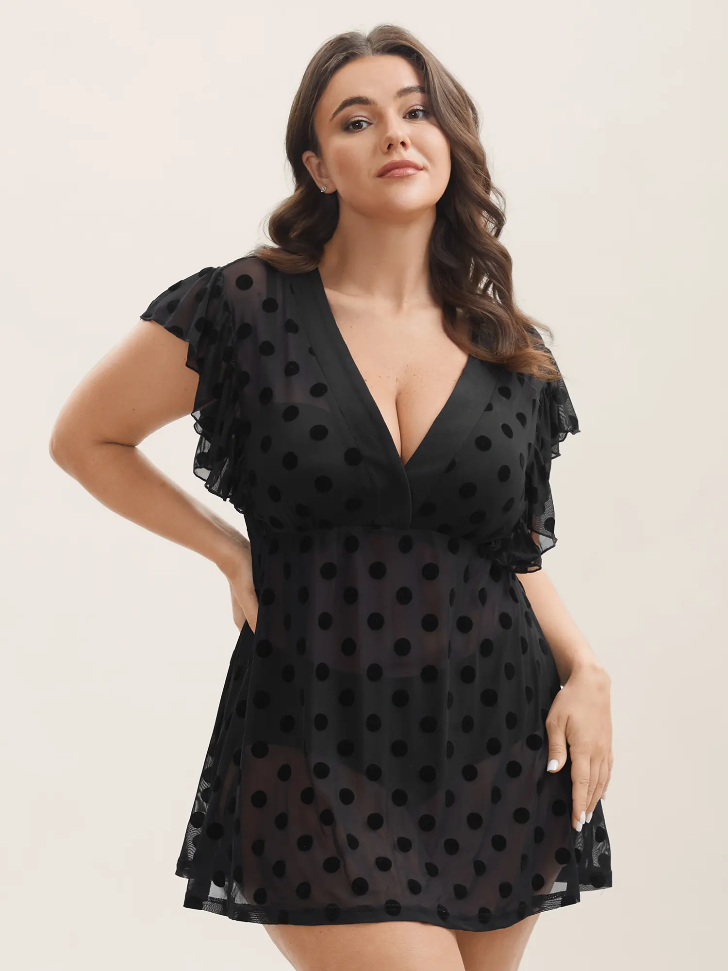 BLOOMCHIC Women's Comfy Polka Dot Breezy Mesh Ruffle Cap Sleeve V-Neck Spandex Blend Sleep Dress Garment - Regular & Plus Sizes, Breathable Flow Fabric, Summer Loungewear, Everyday Use