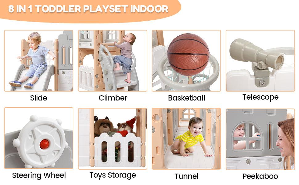 【GARVEE】8-in-1 Toddler Slide Playground Set with Basketball Hoop, Climber, Tunnel, Toy Storage, Telescope, Vibrant Orange & Green Colors, Safe HAPE & PP Materials, Indoor/Outdoor Playset for Ages 1-3
