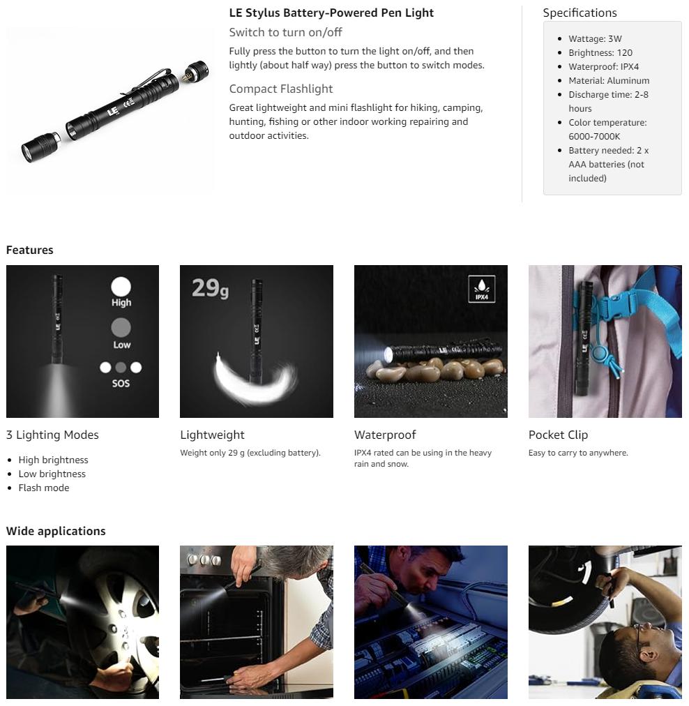 LE LED Pen Flashlights, Lightweight, Mini, Waterproof Pocket Flashlight with Clip, 2 Pack Small Flashlights for Inspection, Work, Emergency