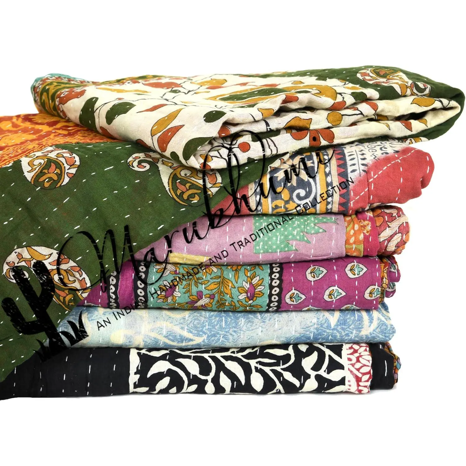 Kanth Vintage Kantha Quilt - Handmade Reversible Cotton Blanket With Assorted Patches - 1 Quilt