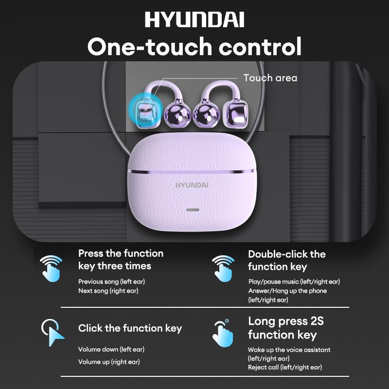 HYUNDAI C03 Clip-On Wireless Headphones with 2025 Bluetooth 6.0 for Faster, Stable Connection & Low Power Use, DT6.0 Pulse Directional Tech, 360° ACS Panoramic Sound, IPX5 Waterproof Electronic Headset Earbuds for Music & Calls, Comfortable for Sports