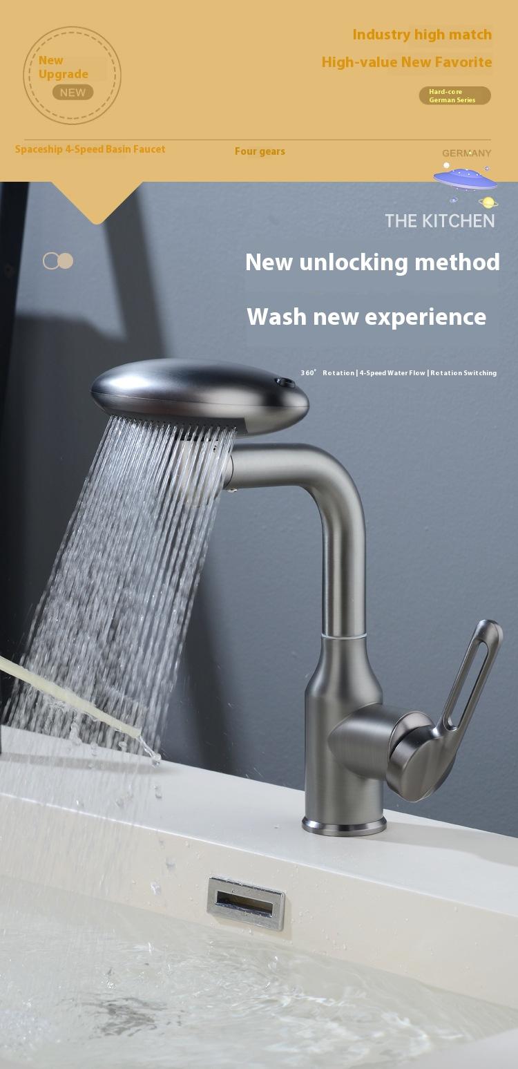Spaceship Faucet 360° Rotating Bathroom Sink Faucet with 4 Spray Modes Modern Kitchen Vanity Lavatory Tap for Unique Home Decor & TikTok Viral Gift Multi-functional Swivel Basin Faucet