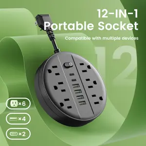 12-In-1 Surge Protector Power Strip Featuring Six AC Outlets, Four USB-A Ports, And Two Type-C Ports, Available with a Short Cord of 5 Feet Or a 10-Foot Extension Cord, Equipped with a Flat Plug, Wall Mount Capability