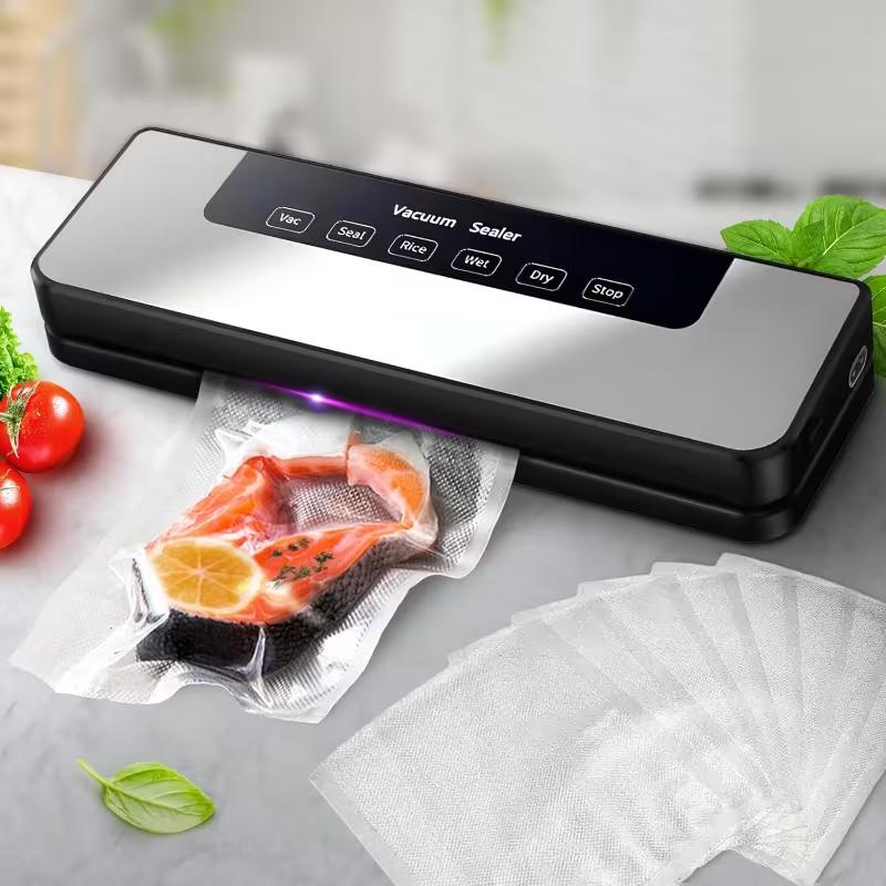 75 Kpa Food Vacuum Sealing Machine – Includes 50 Free Vacuum Bags –  6-In-1 Sealing, Stainless Steel，Power Supply, Without Battery-Semi-Automatic with 75KPA Suction Force – Ideal for Dry and Moist Food Storage, Fridge Organization, and Kitchen Utensils