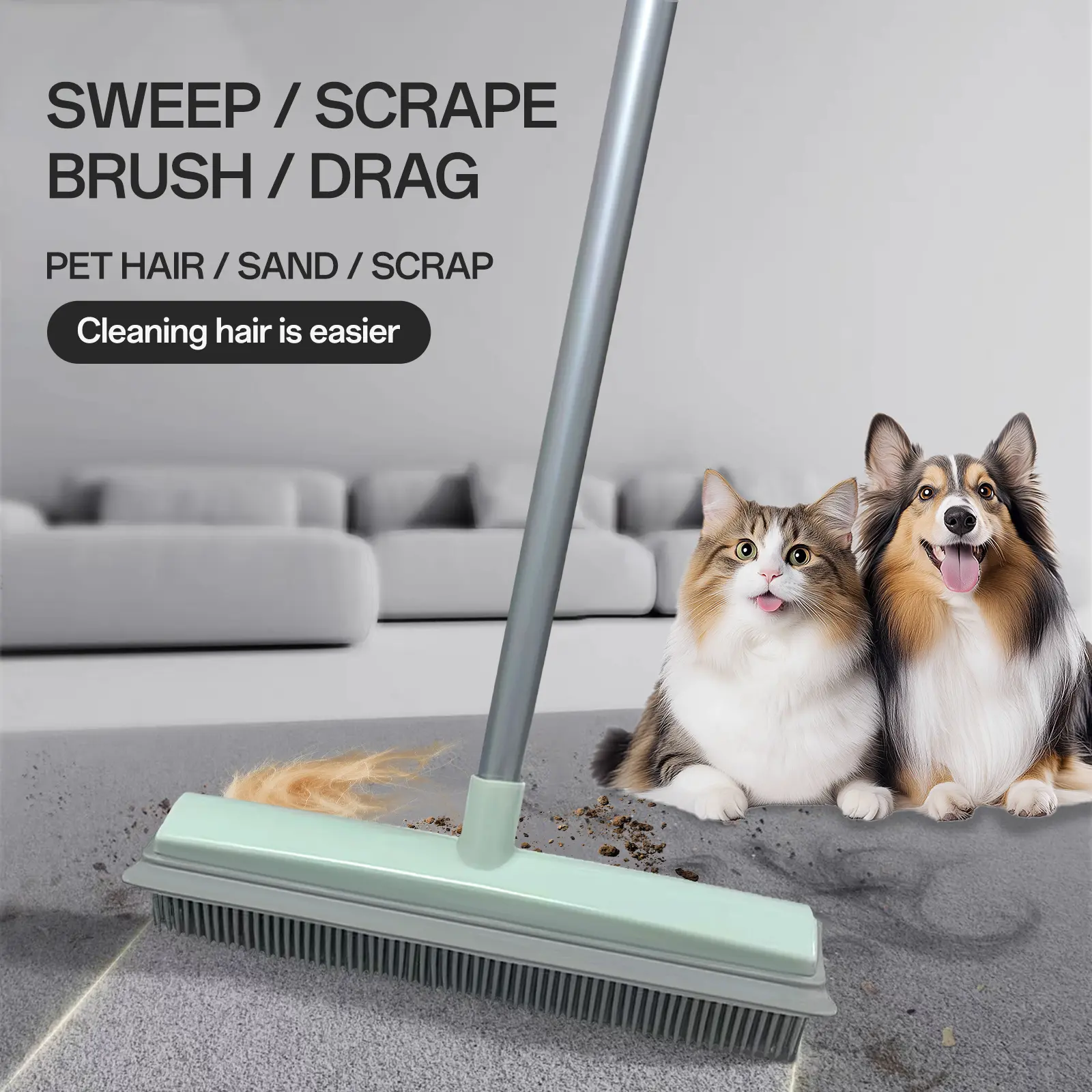 Rubber Pet Hair Remover Long-Handled Broom with Squeegee - 50" (130cm) Sturdy 4-Piece Sectional Handle, 3-Level Adjustable Height Safe Scraper Hair Pickup Tool for Carpet, Rugs, Hardwood Floors, Long-Handled Brooms, Safe Scraper Brooms