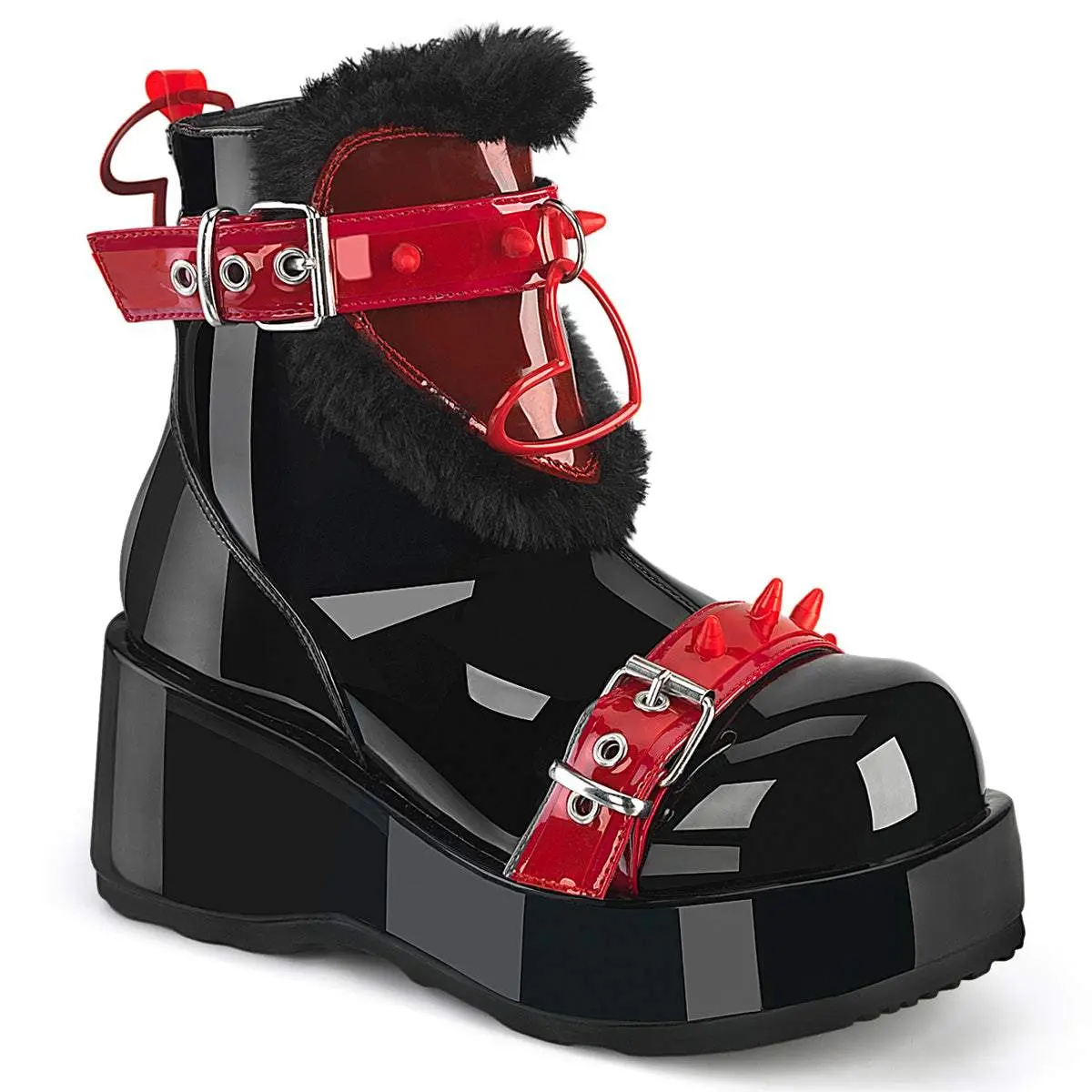 Demonia Cubby-57 Black Patent-Red PVC Ankle Boots