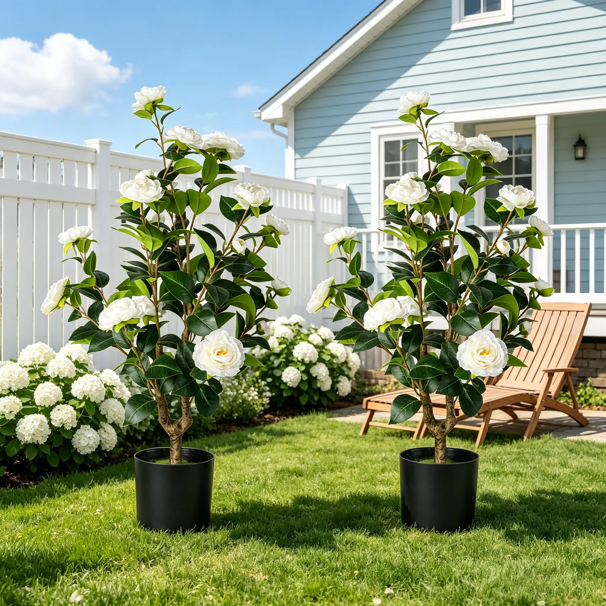 2 Pack Artificial Camellia Tree Potted Fake Camellia Flower Plant, Realistic Faux Camellia Bush in Pot for Indoor Home Living Room Outdoor Patio Decor, No Maintenance Artificial Floral Greenery Arrangement.