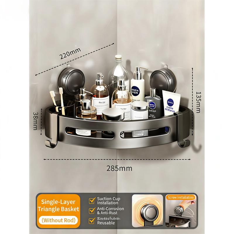 2026 Upgraded Aluminum Triangle Shower Caddy, 1/2/3-Tier Corner Shelves, Drill-Free Suction Cup Wall Mount, 40lbs Load Capacity, Rustproof Bathroom Shower Organizer with Towel Hooks