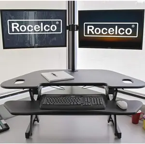 Rocelco Corner Desk Riser - 46" Height Adjustable Standing Desk Converter with USB & Outlet Black/Riser Dual Mount