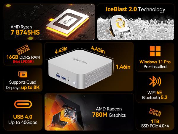 GEEKOM A8 Max Mini PC AMD Ryzen 7 8745HS Cpu ,16GB RAM+ 1TB SSD.Dual-channel DDR5 5600MT/s, up to 64GB.  Prebuilt Gaming Computer Fortnite/Warzone/Legends/CS:GO/Legends/Genshin Impact Tower Computer