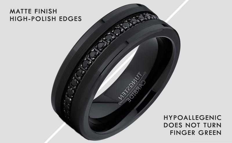 Men's Tungsten Black Wedding Band Eternity Ring Cubic Zirconia Comfort-Fit CZ