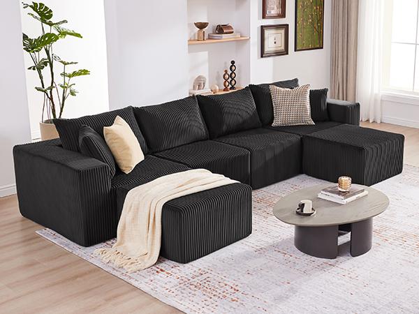 【3 packages】135.4" Cloud Couch Sectional, Modular Sofa with Deep Seat, Plush Corduroy L Shaped Boneless Couch, Convertible Sectional Couches for Living Room, 5Seat