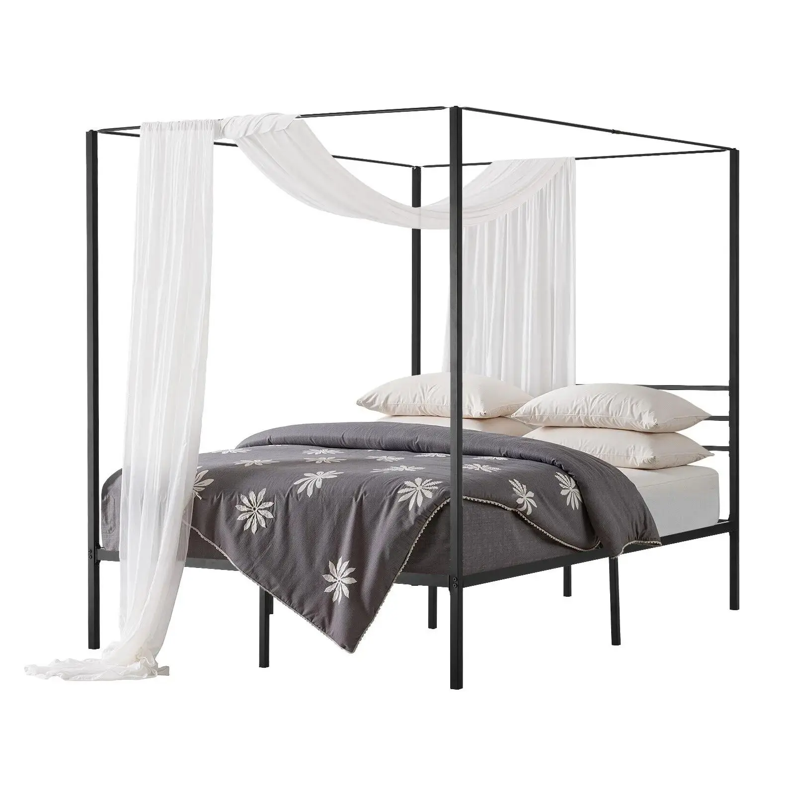 【SummerFinds】VEVOR Queen Size Canopy Bed Frame, Metal Canopy Bed with Four Posters Design, Heavy Duty Steel Slats Support, Underbed Storage Space, No Box Spring Needed, Easy Assembly, Black